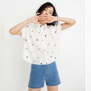 Madewell White Floral Embroidered Short Sleeve Blouse